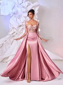 Glamrae Đầm maxi dáng đuôi cá sang trọng, thanh lịch với chất liệu satin đính cườm và sequin màu ngọc lục bảo, cổ áo hình trái tim, tay áo xuyên thấu, xẻ tà cao và bèo nhún cỡ lớn, thích hợp cho dạ hội, tiệc tùng, đám cưới hoặc ngày Valentine. - Màu Hồng baby - Xem 7