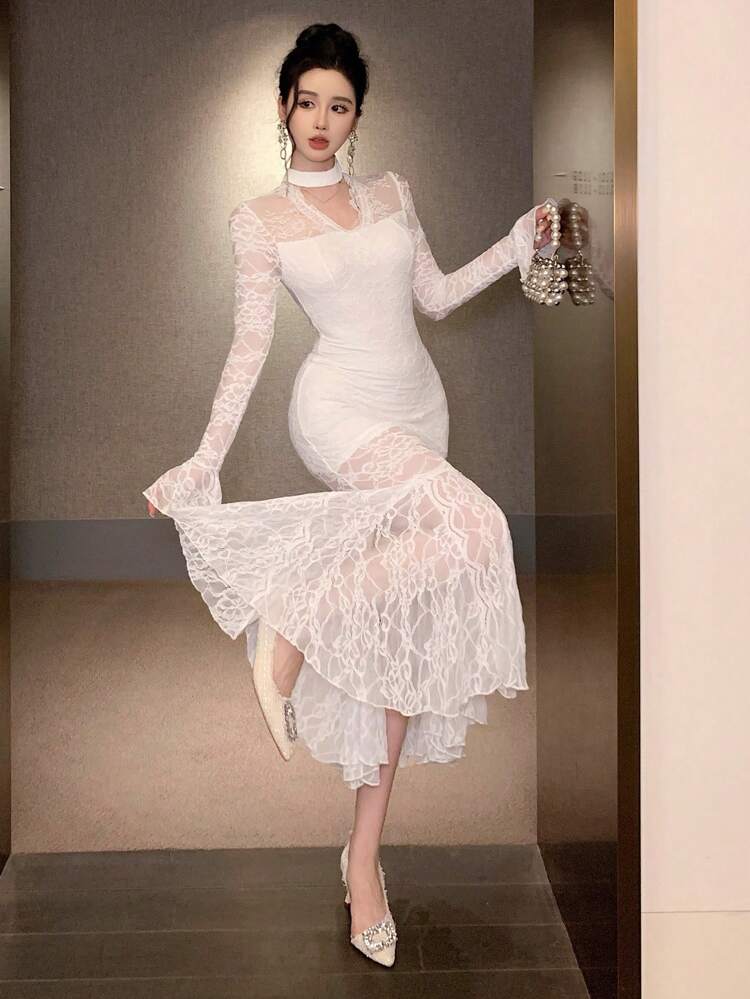 Sexy Bodycon Lace Patchwork Hollow Out Stand Collar Fitted Mermaid Hem Flare Sleeve Women Dress For Wedding Party,Fall Dress Long Sleeve Dress