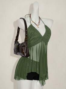 SHEIN ICON 女式不对称网眼交叉拼接吊带背心，夏季 - 軍綠色 - 查看 4