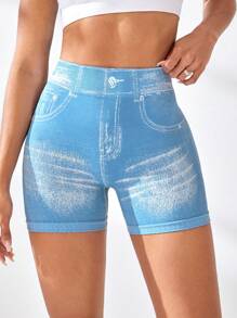 Easithlete 1 pieza Pantalón corto deportivo tejido sin costuras, efecto de mezclilla azul, pantalón corto para yoga, fitness y entrenamiento - Celeste - Ver 5