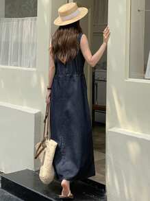 DAZY Women's Round Neck Casual Sleeveless Washed Denim Jumpsuit - Blue - View 1