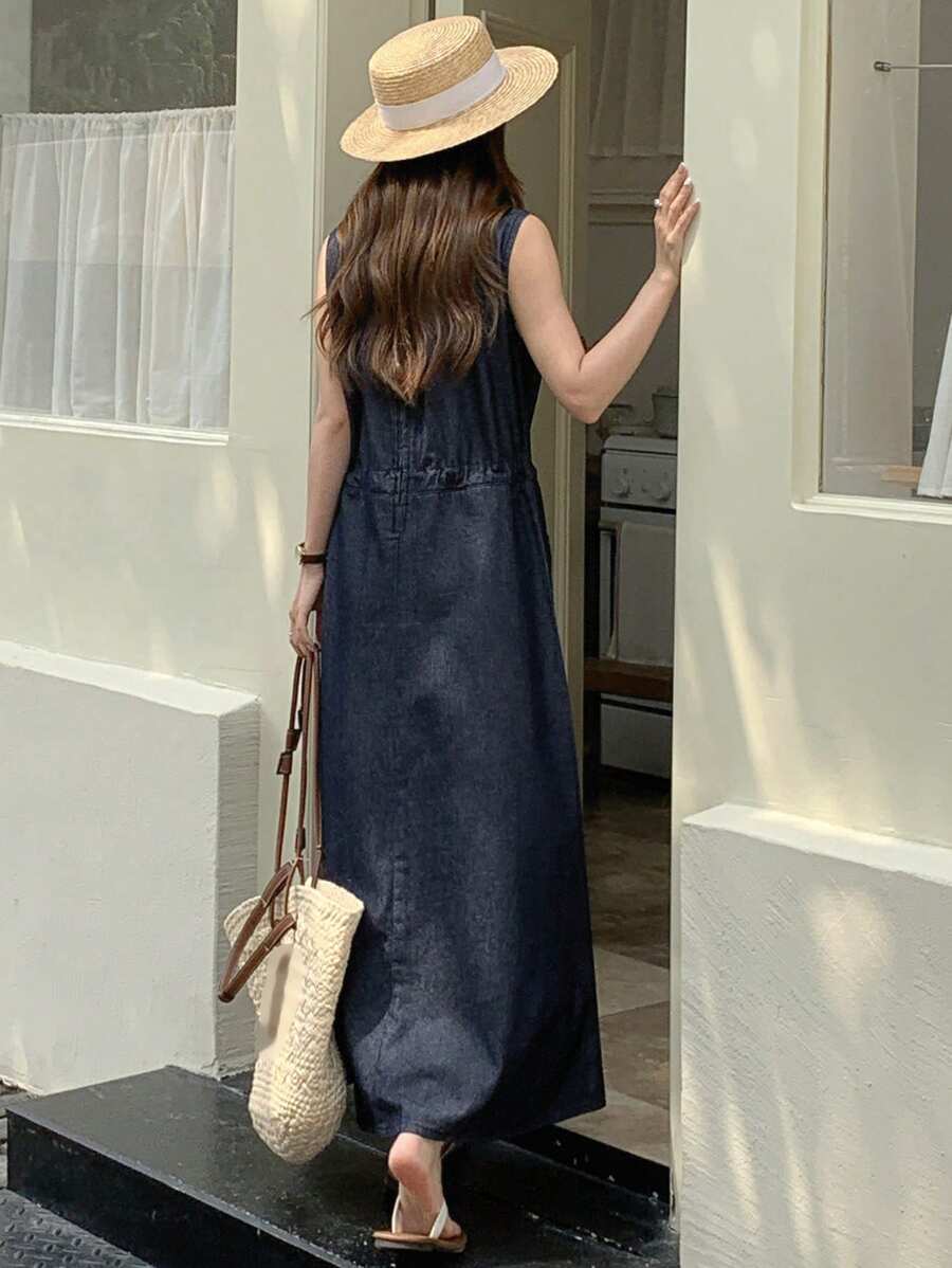 DAZY Women's Round Neck Casual Sleeveless Washed Denim Jumpsuit - Blue - View 1