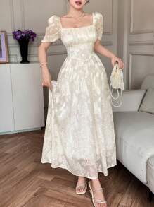 DAZY 女士全印花圆领侧开衩褶皱长连衣裙 - 粉色 - 查看 6