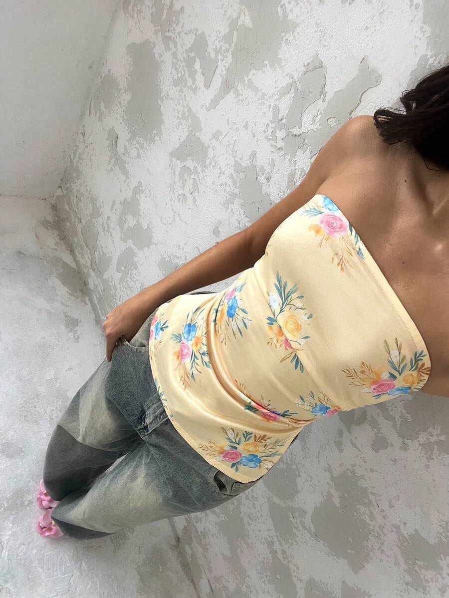 Glamine Áo Bandeau nhún bèo họa tiết hoa màu vàng dành cho nữ, trang phục thường ngày ngày lễ, áo crop top, áo ống, áo mùa hè - Màu vàng - Xem 1