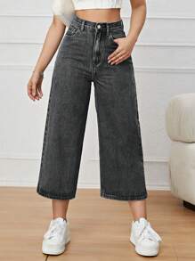 SHEIN PETITE Quần jeans nữ dáng lửng 7/8 màu đen, đa năng, có túi, kiểu dáng thường ngày. - màu đen - Xem 4