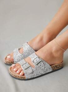 Solecia 夏季女士时尚亮片平底拖鞋 - 銀色 - 查看 1