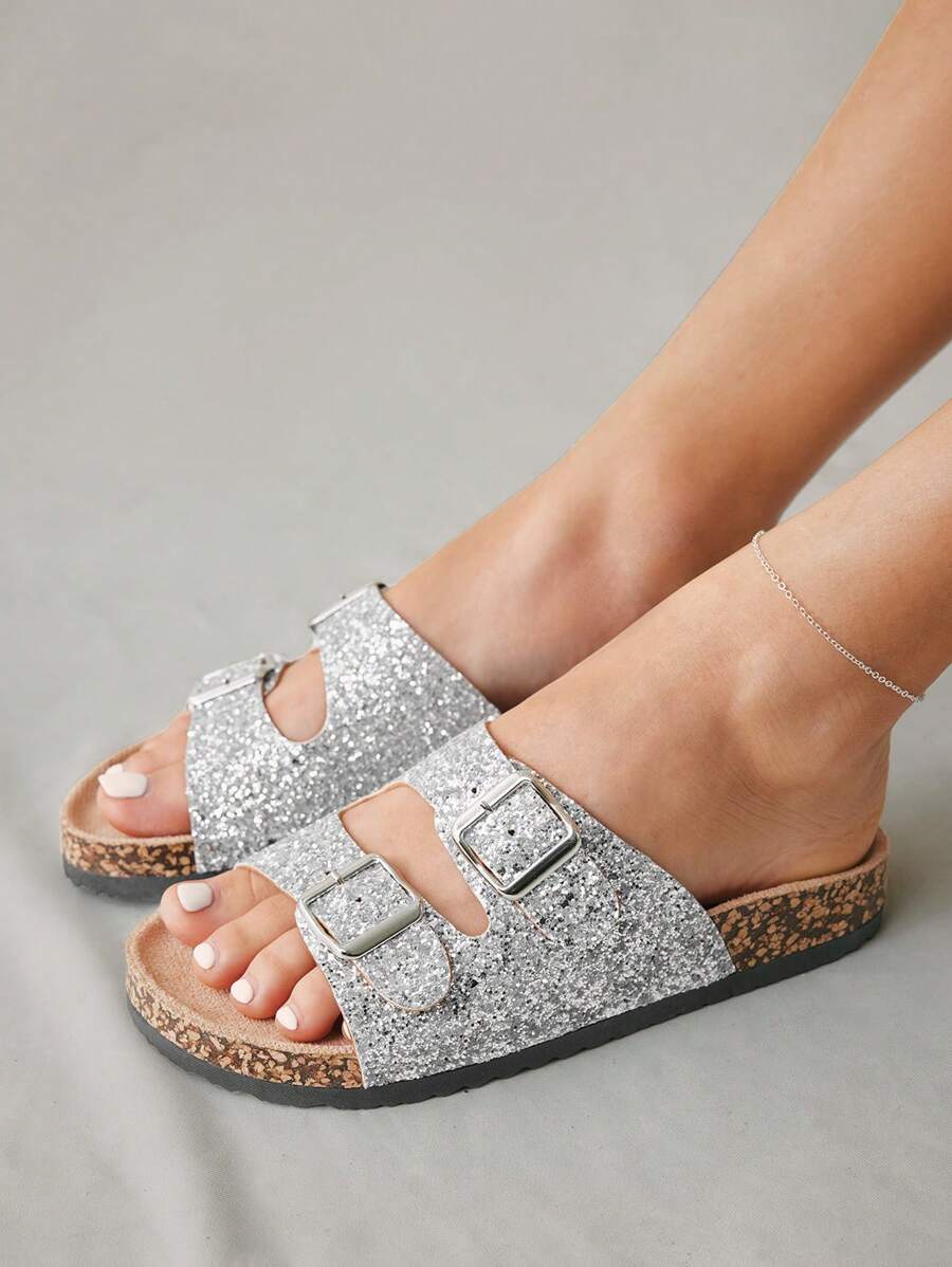 Solecia 夏季女士时尚亮片平底拖鞋 - 銀色 - 查看 1