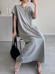 FRIFUL Vestido largo de verano holgado de unicolor con cremallera metálica casual para mujeres, vestido de graduación para damas - Gris Claro - Ver 3