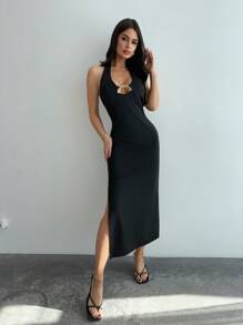 Firerie Neues elegantes schwarzes ärmelloses Midikleid mit U-Ausschnitt und rückenfreiem Halterausschnitt für Partys, Veranstaltungen, Musikfestivals - Schwarz - Übersicht 1