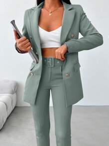 EURMUSE Women 2-Piece Suit - Blazer Jacket And Pants, Fashionable For Summer - Mint Green - View 1