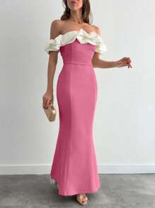 EURMUSE Two Tones Off Shoulder Ruffle Trim Bodycon Dress, Elegant Dress - Dusty Pink - View 4