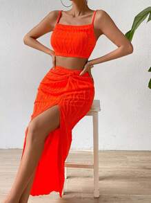 Chiquease 2pcs/Set Women Vacation Textured Camisole And Side Slit Midi Skirt Set - Orange - View 4