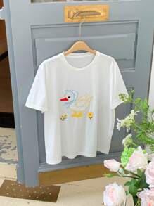 DAZY Women's Cartoon Embroidery Round Neck Casual Short Sleeve T-Shirt, Summer Cute Tops,Graphic Tees,Teacher Outfits - White - View 4