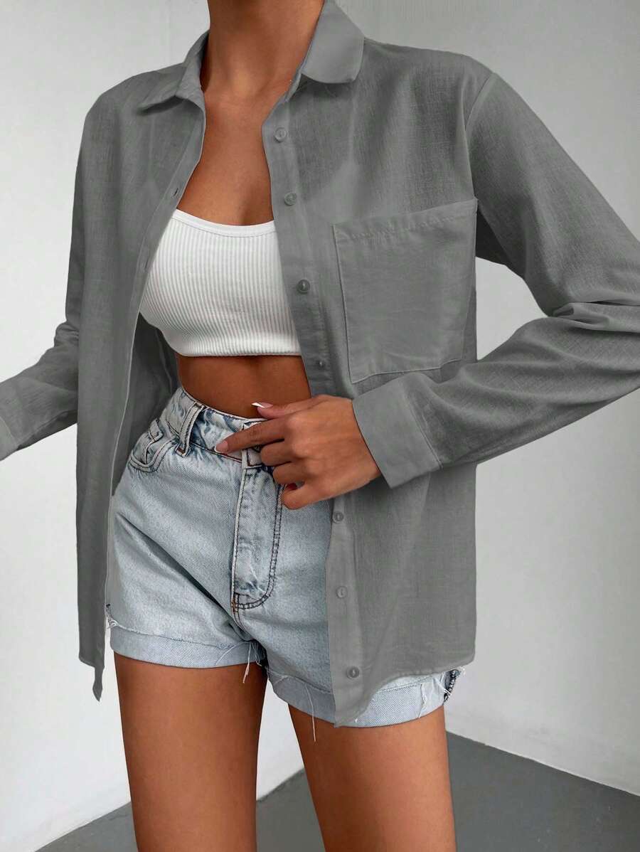 SHEIN Cottnline 100%Cotton Solid Button Front Pocket Patched Shirt - Grey - View 1