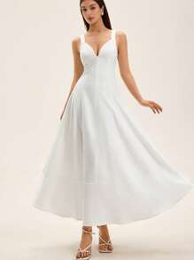 Aveloria Rosie New French Style Beach Vacation Date Simple Elegant Elegant Women Deep V-Neck Waist-Cinched Vertical Split Design Flared Hem Sleeveless Dress   Old Money Style For Summer