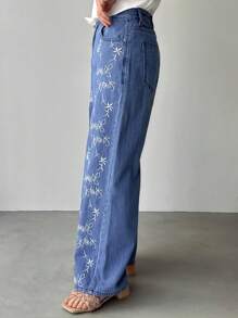 FRIFUL 女士花卉刺绣口袋阔腿宽松休闲牛仔裤女士牛仔裤高腰女士夏季服装女士衣服女士夏季衬衫女士下装 - 藍色 - 查看 5