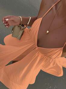 INAWLY 女式纯色荷叶边下摆吊带裙 - 橘色 - 查看 3