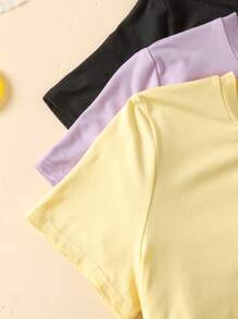 SHEIN Camiseta informal de manga corta con cuello redondo y estampado floral de margaritas para adolescentes, verano - Púrpura malva - Ver 3