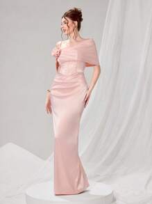 Poshira Đầm dự tiệc cocktail họa tiết hoa 3D cổ bẻ màu trơn thanh lịch cho nữ - Hồng - Xem 6