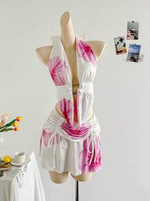 Soleia Conjunto de 2 piezas con top halter de cuello en V sexy con estampado floral y minifalda de cintura baja con cordón, adecuado para vacaciones, citas, té de la tarde, vacaciones, festival de música, estilo bohemio - Rosa - Ver 1