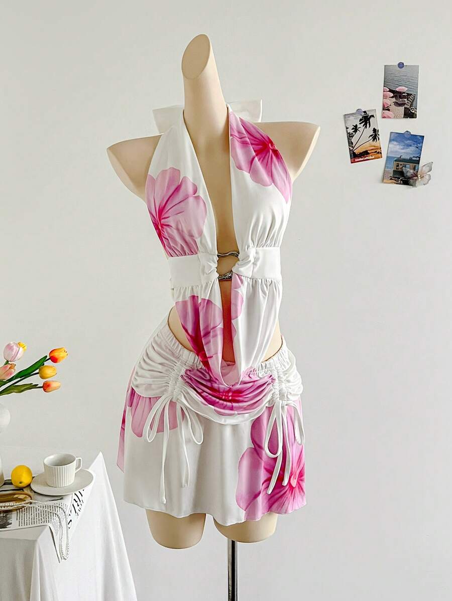 Soleia Conjunto de 2 piezas con top halter de cuello en V sexy con estampado floral y minifalda de cintura baja con cordón, adecuado para vacaciones, citas, té de la tarde, vacaciones, festival de música, estilo bohemio - Rosa - Ver 1