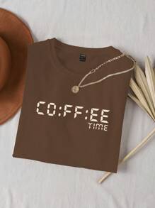 INAWLY Áo thun nữ dáng ôm, in họa tiết số Time, mùa hè - màu nâu - Xem 3