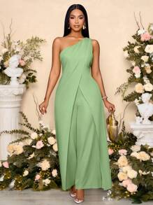 SOLERSUN Mono con abertura y pierna ancha sin mangas de un solo hombro de moda para mujer, para primavera y verano - verde menta - Ver 3