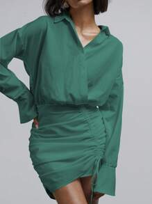 Athîral Vestido curto casual feminino de cor sólida, manga comprida e cordão na bainha - Verde - Ver 1