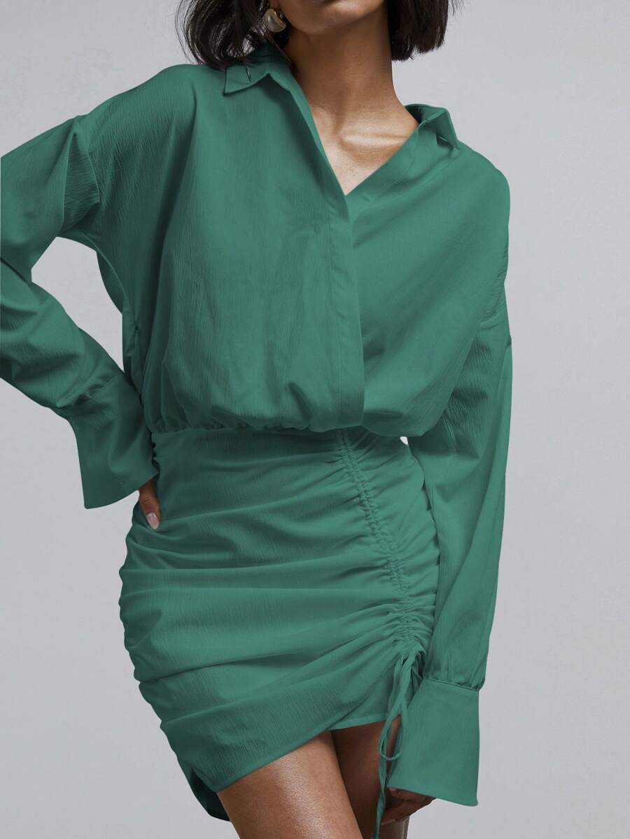 Athîral Vestido curto casual feminino de cor sólida, manga comprida e cordão na bainha - Verde - Ver 1