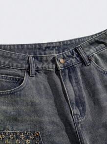 ROMWE MEN Grunge Punk Men's Casual Multi-Pocket Versatile Denim Shorts - Dark Wash - View 4
