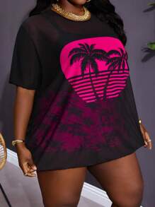 SHEIN CURVE+ 弧形大码女式简约休闲 T 恤 + 大码背心比基尼 + 大码短裤，适合夏季海滩度假日常穿着，大码三件套泳衣，曲线加大码，波西米亚风女士度假海滩装/沙滩裙/海滩度假装/海滩必需品/毕业/茶会礼服夏季/乡村/海滩度假装/海滩装/沙滩装 - 彩色 - 查看 6