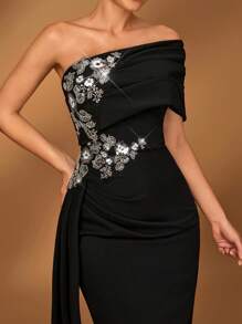 Serin Summer Elegant Romantic Gorgeous Black Stretch Knit One Shoulder Pleated Luxury Embroidered Beaded Applique Micro Fishtail Hem Floating Piece Small Tail Suitable For Dinner Bachelorette Party Date Dance Holiday Music Festival Wedding Event Mother Of The Bride Dress, Valentine's Day - Black - View 7