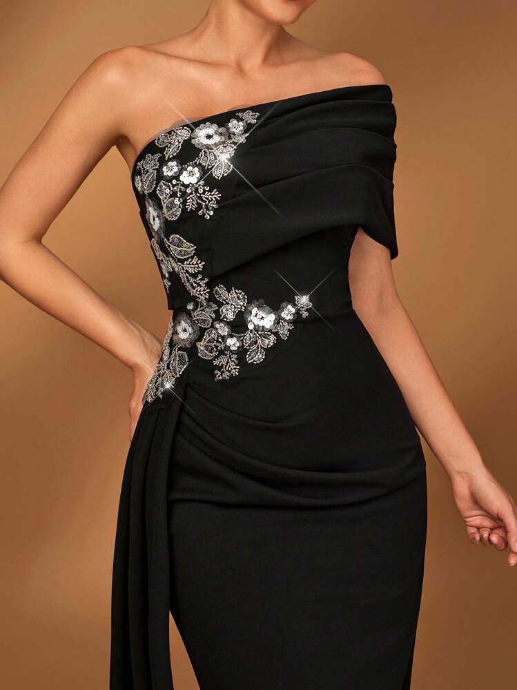 Summer Elegant Romantic Gorgeous Black Stretch Knit One Shoulder Pleated Luxury Embroidered Beaded Applique Micro Fishtail Hem Floating Piece Small Tail Suitable For Dinner Bachelorette Party Date Dance Holiday Music Festival Wedding Event Mother Of The Bride Dress, Valentine's Day Mother Of The Bride Dress - Chic Modest Lace Dress For Special Day - Black - View 7