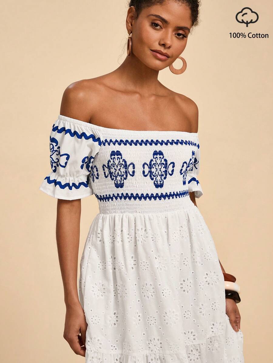 Travachic 夏季郊游约会连衣裙，度假单肩印花拼接下摆休闲纹理面料女式连衣裙，夏季沙滩度假连衣裙，返校季 - 白色 - 查看 1