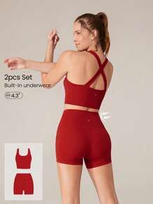GLOWMODE 2 件 Powersculpt™ 吸汗凉爽高弹力交叉后背背心可拆卸无缝罩杯和 4.3 英寸骑行短裤带侧袋套装高强度健身跑步训练