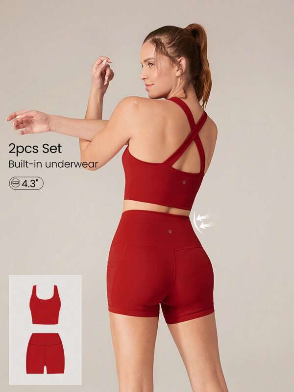 GLOWMODE 2pcs Powersculpt™ Sweat-Wicking Cool Feel High Stretch Crossover Back Tank Removable Seamless Cups & 4.3'' Biker Shorts With Side Pockets Set High Impact Workout Running Training