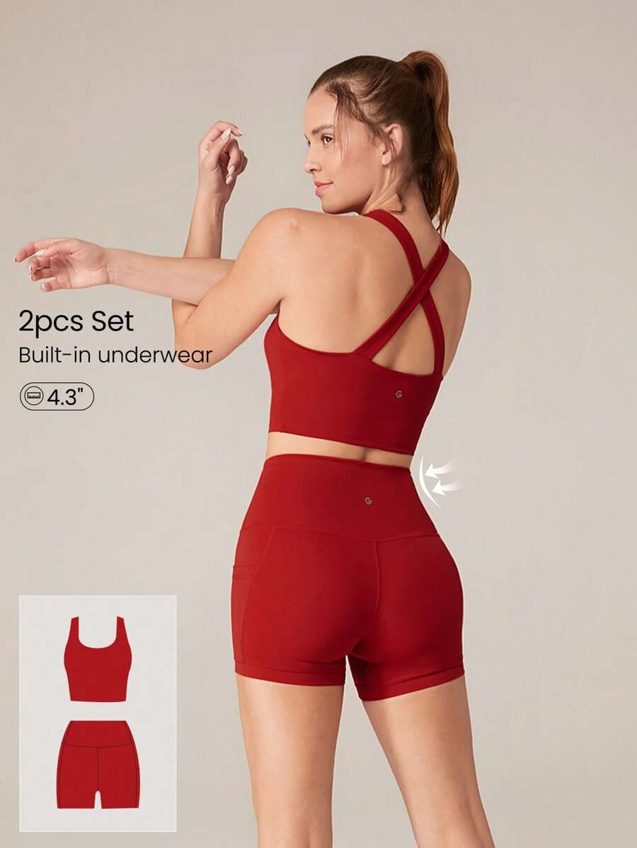 GLOWMODE 2 件 Powersculpt™ 吸汗凉爽高弹力交叉后背背心可拆卸无缝罩杯和 4.3 英寸骑行短裤带侧袋套装高强度健身跑步训练