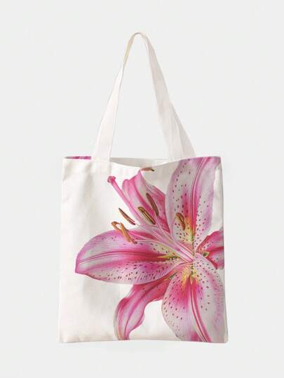 Kawaii Vacation Big Floral Print Tote Bag, Reversible Commuting Holiday Pink Flower Pattern Canvas Shoulder Bag