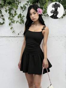 SHEIN Teen Girls Fitted Casual Dress With Bow Decor And Ruched Waist - Black - View 1