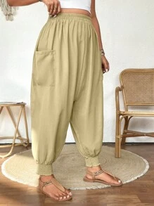 Calvaya Pantalones casuales sueltos de talla grande para mujer, de unicolor, con cintura elástica, bolsillos y cordón, hasta el tobillo - Caqui - Ver 4