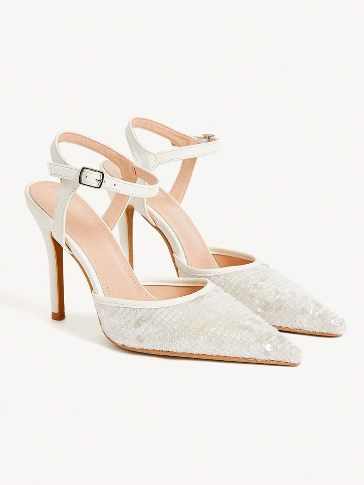 CUCCOO CHICEST Chaussures à talons hauts fermées pour femmes, avec orteils pointus, décorées de paillettes beiges, idéales pour les fêtes