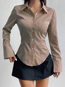 Flirla Women's Long Sleeve Single-Breasted Casual/Work Striped Blouse