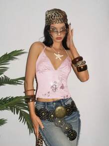 EgrlEra Sexy V-Neck Spaghetti Strap Backless Bead Embroidered Floral Sweet Fashionable Lady's Tank Top