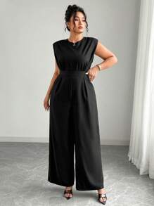 Elenzga 大码女式优雅纯色无袖黑色连体裤 - 黑色 - 查看 5