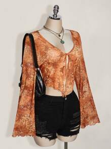 SHEIN ICON ICON Plus Size Women's Paisley Print Tie-Front Knit Top, Suitable For Summer, Music Festivals, Y2K, Graduation Season, Back To School Clothes, Summer Vacation - Multicolor - View 3