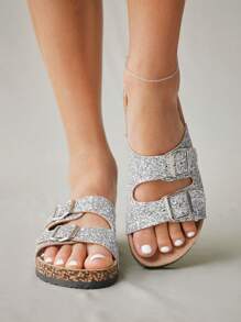 Solecia 夏季女士时尚亮片平底拖鞋 - 銀色 - 查看 4