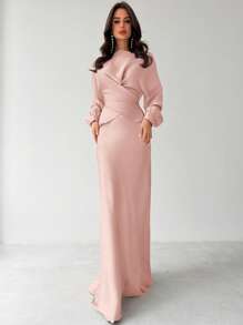 Firerie Women's Elegant Apricot Satin Asymmetric Hem Satin Skirt - Dusty Pink - View 3