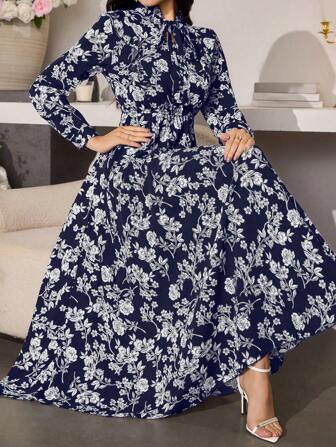 Mulvari 优雅花卉印花长袖中长连衣裙，束腰设计，适合春夏季新年服装，长款女装