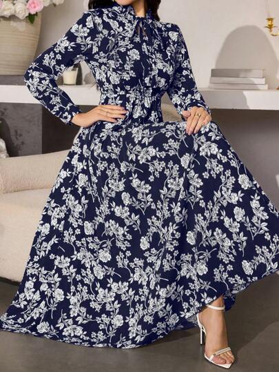 Mulvari 优雅花卉印花长袖中长连衣裙，束腰设计，适合春夏季新年服装，长款女装