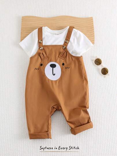 Cozy Pixies Baby Boy Cartoon Bear Pattern Bib Front Long Pants